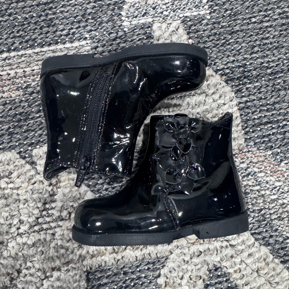 Black Patent Leather Boots with Floral Detail